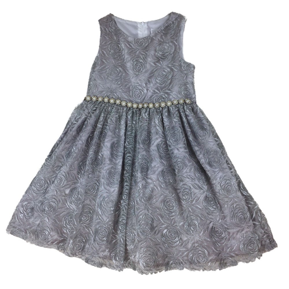 RARE EDITIONS Silver Tulle Lace Floral Princess Formal Layered Dress size 6X